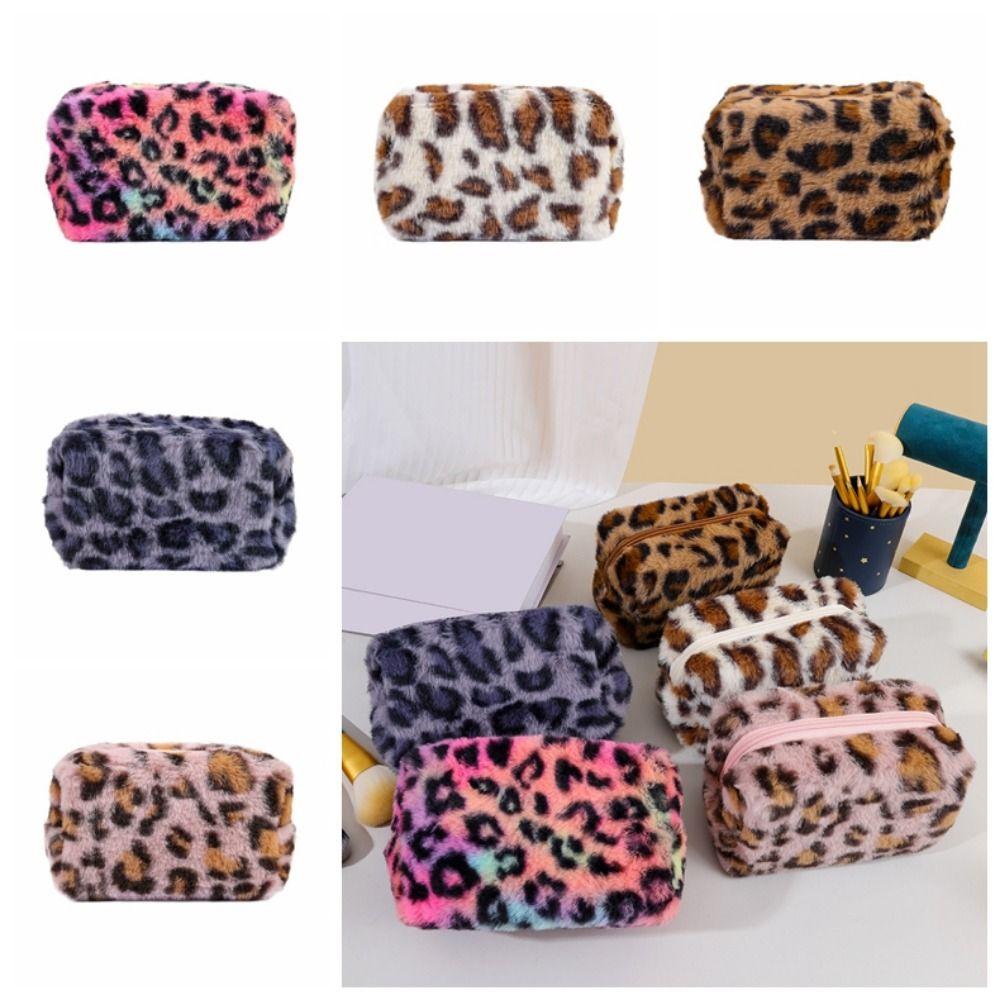 Large Capacity Plush Makeup Bags Leopard Print Cosmetic Storage Organizer Ladies