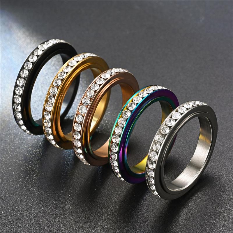 Stainless Steel Cubic Zirconia Rotatable Chain Couple Rings Anti Stress Anxiety Fidget Spinner Ring Wedding Band Knuckle Jewelry