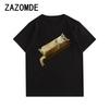 Zazomde 260г Хлопковая Футболка в Стиле Хип-Хоп Унисекс с Коротким Рукавом и Круглым Вырезом Футболка Топ Качества Оверсайз с Принтом Кота Тост Футболка для Унисекс
