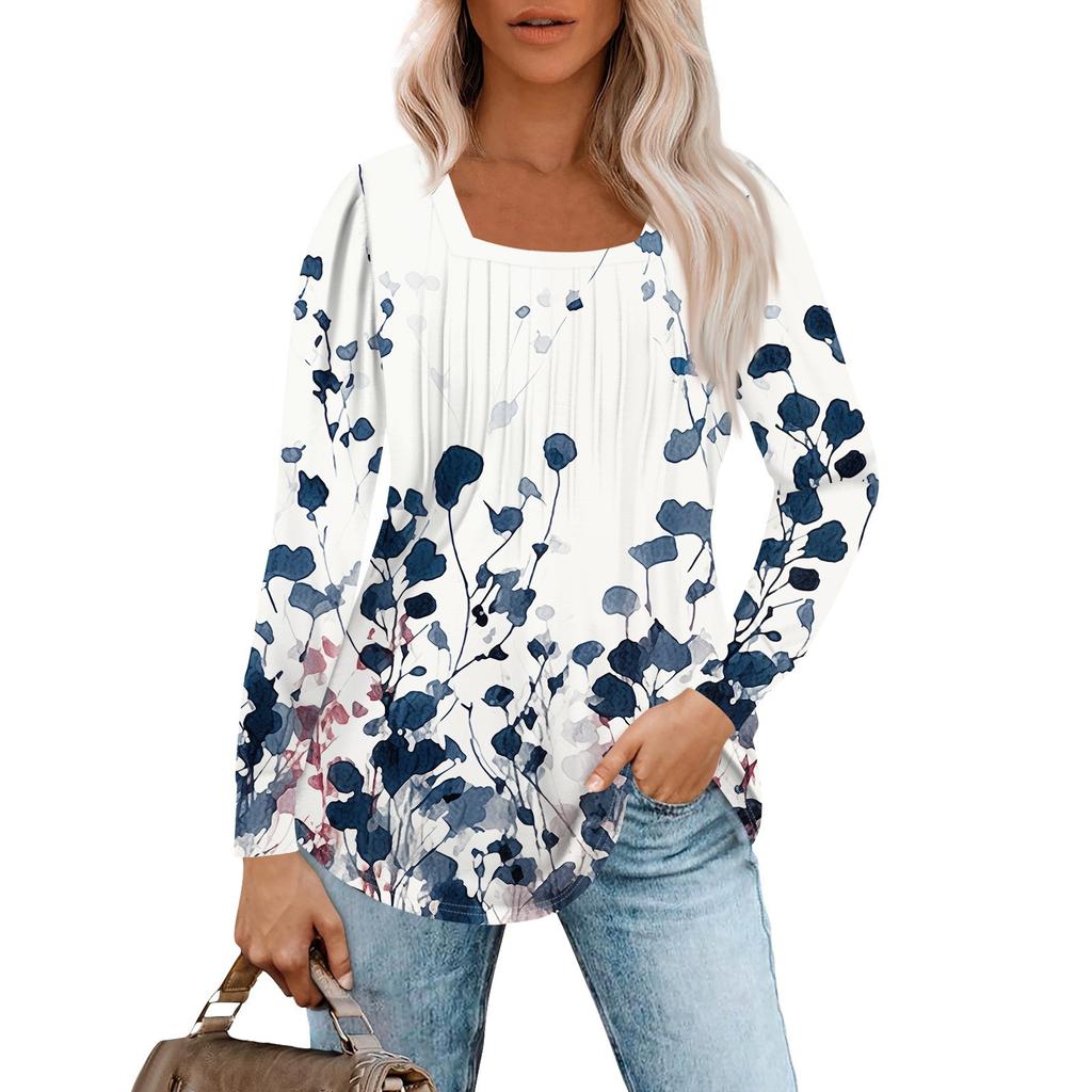 Long Sleeve Shirts For Women Tops Dressy Casual Blouses Pleated Square Scooped Neck Tunic Tops