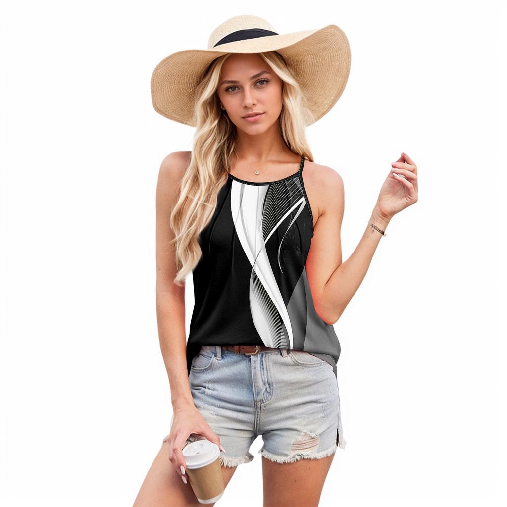 Womens Summer Tank Tops Pleated O Neck Printing Casual Top Tank Tops For Women Loose Fit Sleeveless Shirts