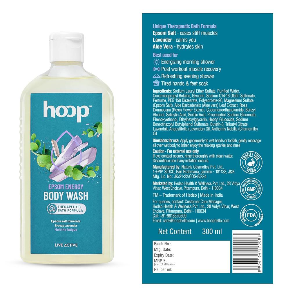 Hoop Epsom Body Wash 300 Ml Pack of 1 for Relaxation, Lavender Shower, Hand Foot Soak, Muscle Relief