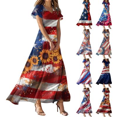 Женское повседневное платье с принтом флага Дня независимости, V-образным вырезом, короткими рукавами и высокой талией