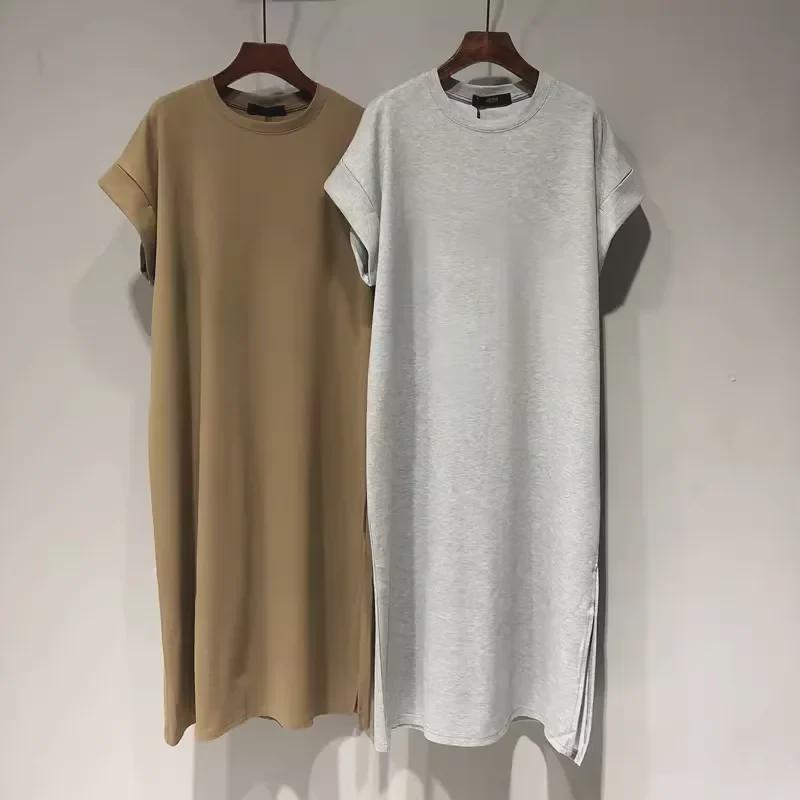 Женское летнее платье-футболка с коротким рукавом и средней длиной - повседневная юбка выше колена из чистого хлопка, мода больших размеров