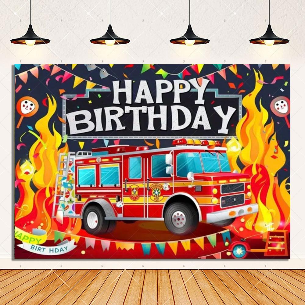 Firetruck Theme Background Banner Firefighter Hero Boy Birthday Party Decoration Baby Shower Backdrop Supplies Photography Prop