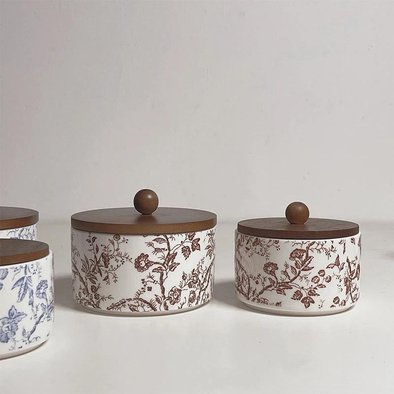 Керамическая коробка для хранения в стиле ретро с французскими цветами, чаша для ароматерапии, герметичная банка для хранения, коробка для хранения ювелирных изделий с деревянной крышкой
