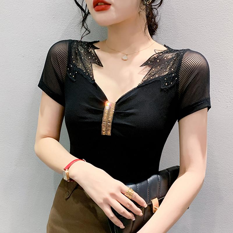 Модная новая летняя футболка с коротким рукавом и V-образным вырезом, женская облегающая футболка, женские топы, футболки J383