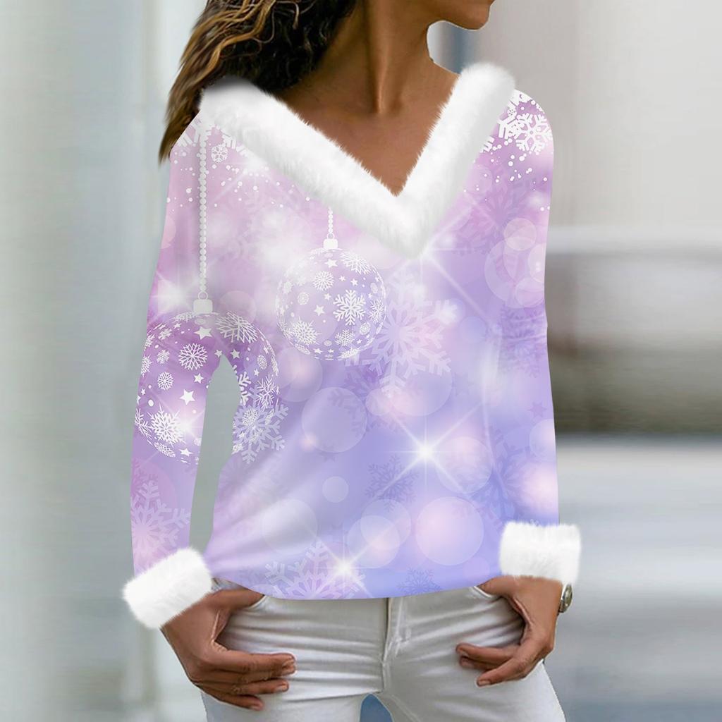 Women's Fashion Casual Long Sleeve V-Neck Christmas Printed Plush Top