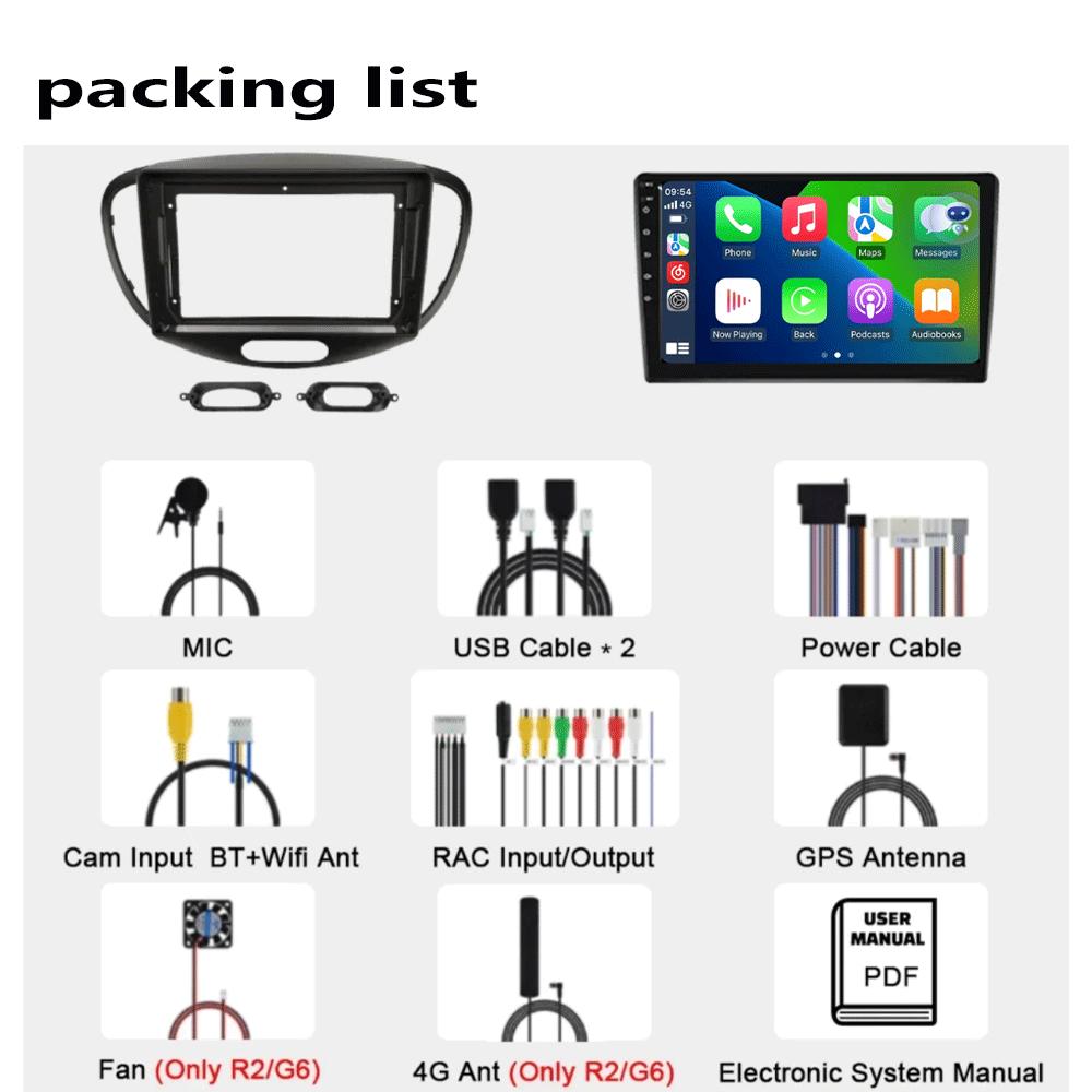 Автомагнитола Android 14 Carplay Auto Для Hyundai I10 2007 - 2013 GPS Регистратор Мультимедийный видеоплеер 4G+WiFi DSP