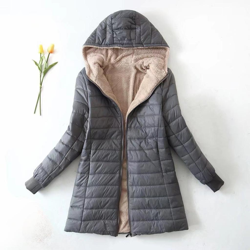 Autumn and Winter Thickened Plus Velvet Hooded Mid-length Slim-fit Warm Lamb Fleece Cotton Coat Women's Jacket