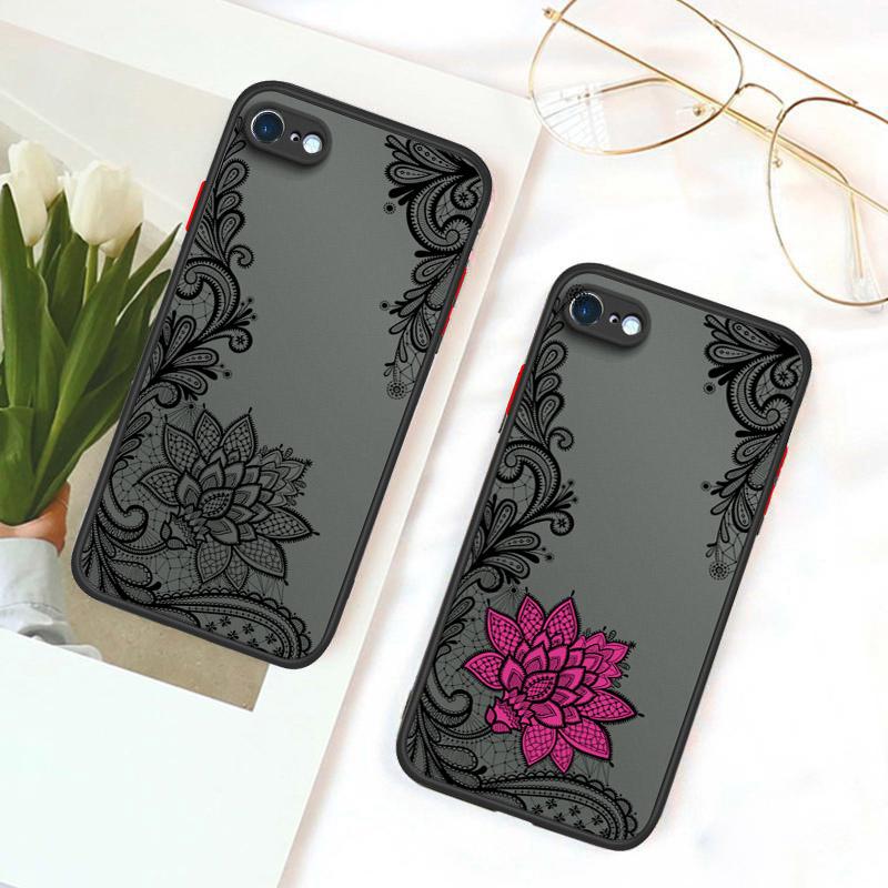 Lace Flower Pattern Frosted Transparent Hard Back Phone Casing Soft Silicone Edge Full Cover Case for iPhone 16 17 Samsung A16 A53 Redmi 10C 12 Note13