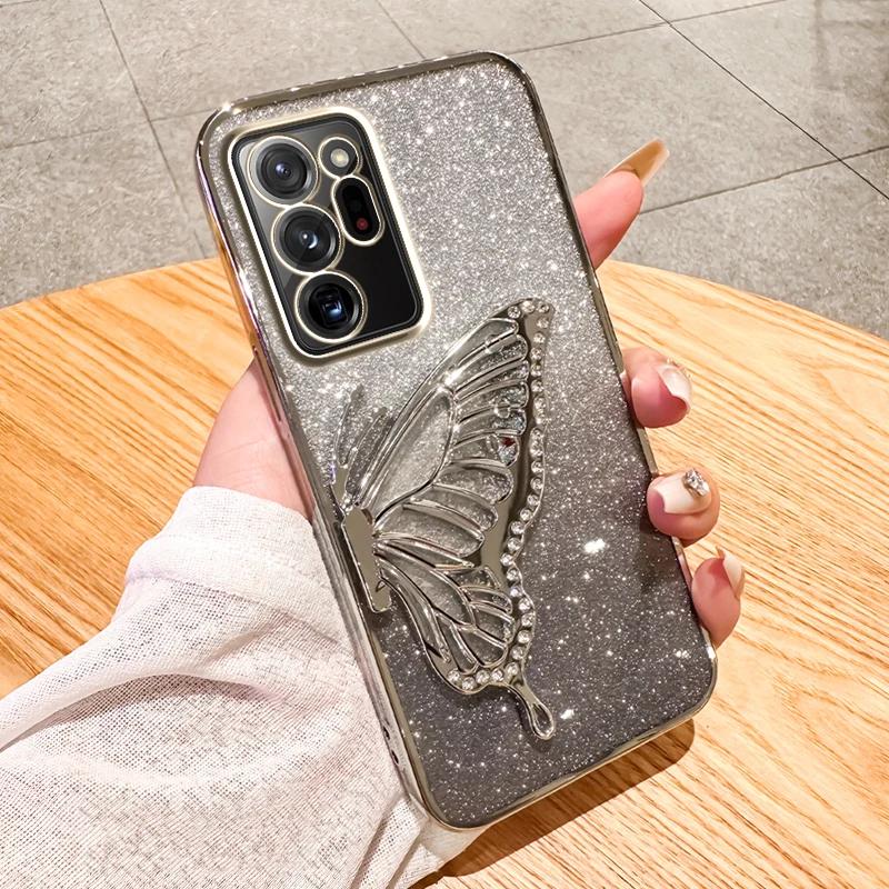 3D Чехол-глиттер с бабочкой для Samsung Galaxy Note 20 Ultra Note 10 Plus Note 8 9 Защита камеры Черный чехол