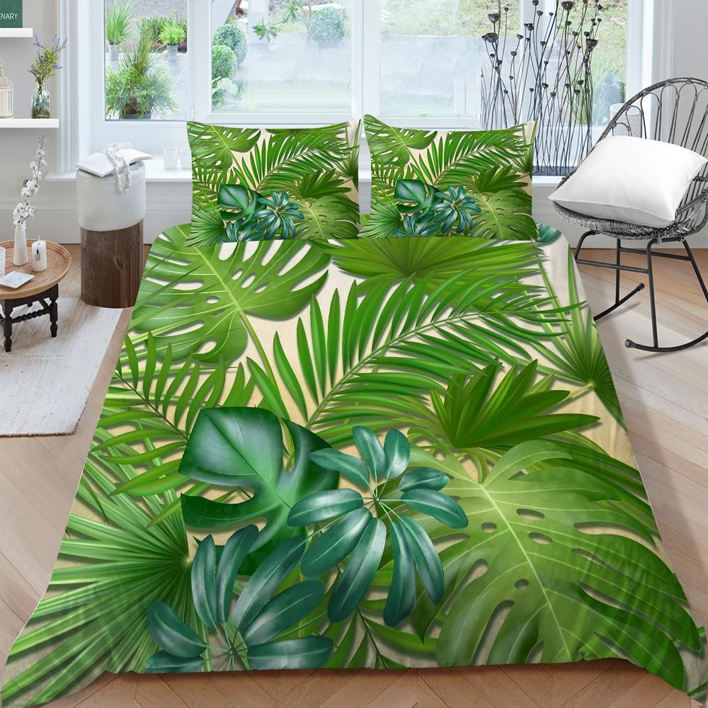 Family Bedding Single Double Bed Full Size Plant Printing Series Bedding Leaf Pattern Pillowcase and Quilt Cover Washable Home Decoration