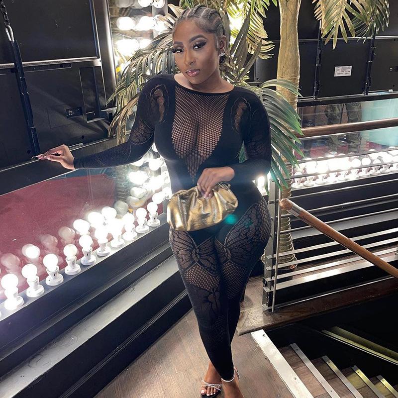 Сексуальные прозрачные комбинезоны, женские тонкие сетчатые комбинезоны с длинными рукавами и принтом бабочки, эластичная клубная одежда для тренировок, комбинезоны для тренировок