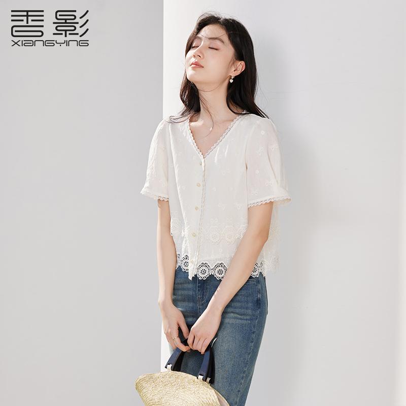 French embroidery hollow V-neck short-sleeved shirt