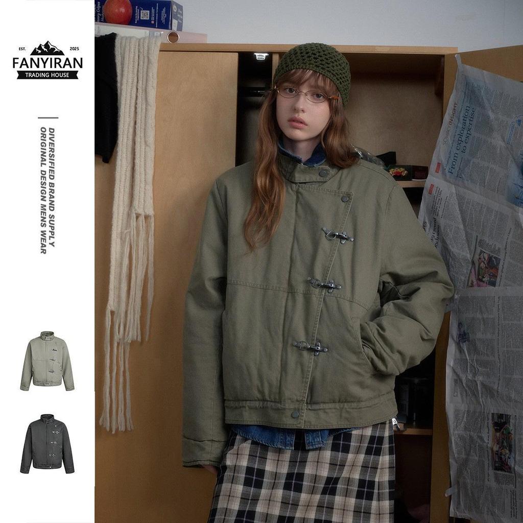 Trendy Unisex Retro Washed Metal Bit Workwear Jacket - Winter Stand Collar Cotton Coat