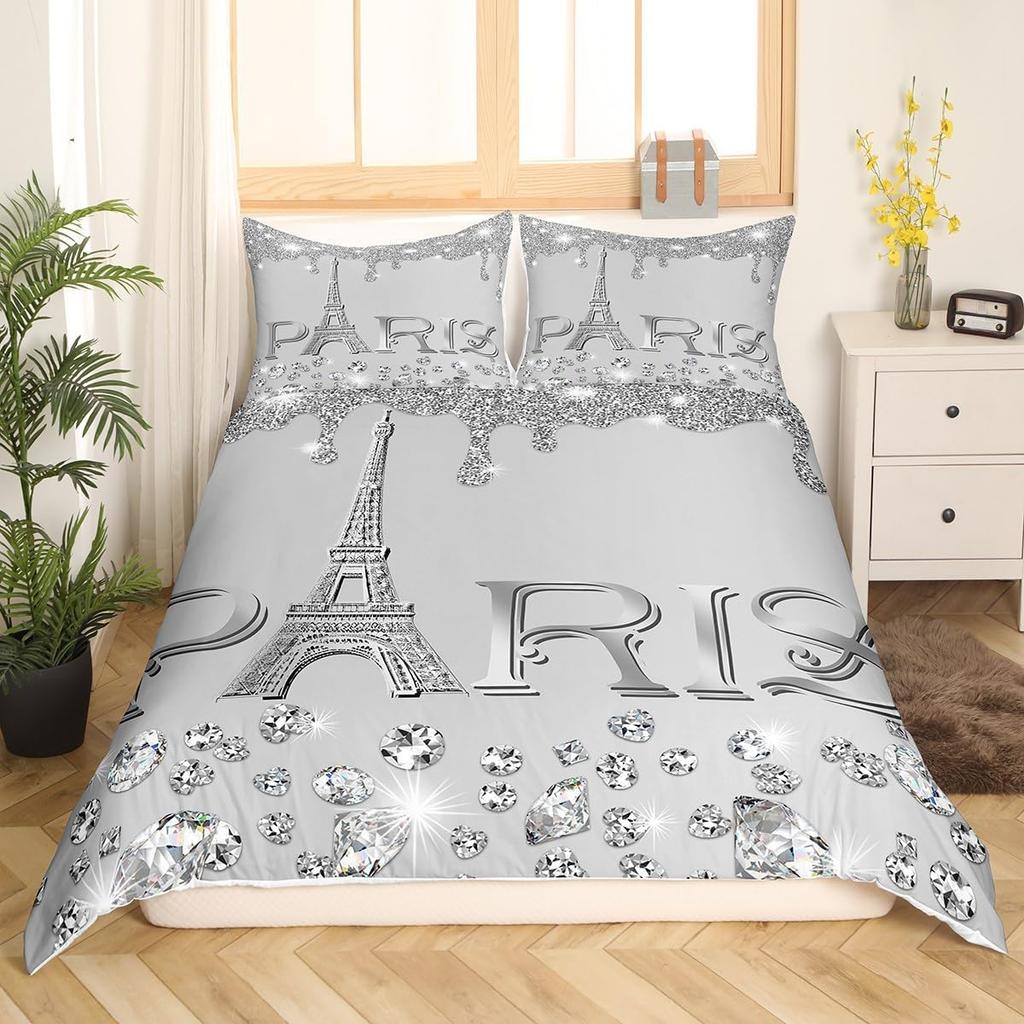 Watercolor Blue Sequin Duvet Cover Queen King Size Girls Teen Bedding Set Eiffel Tower Ombre Diamond Quilt Cover Home Decor