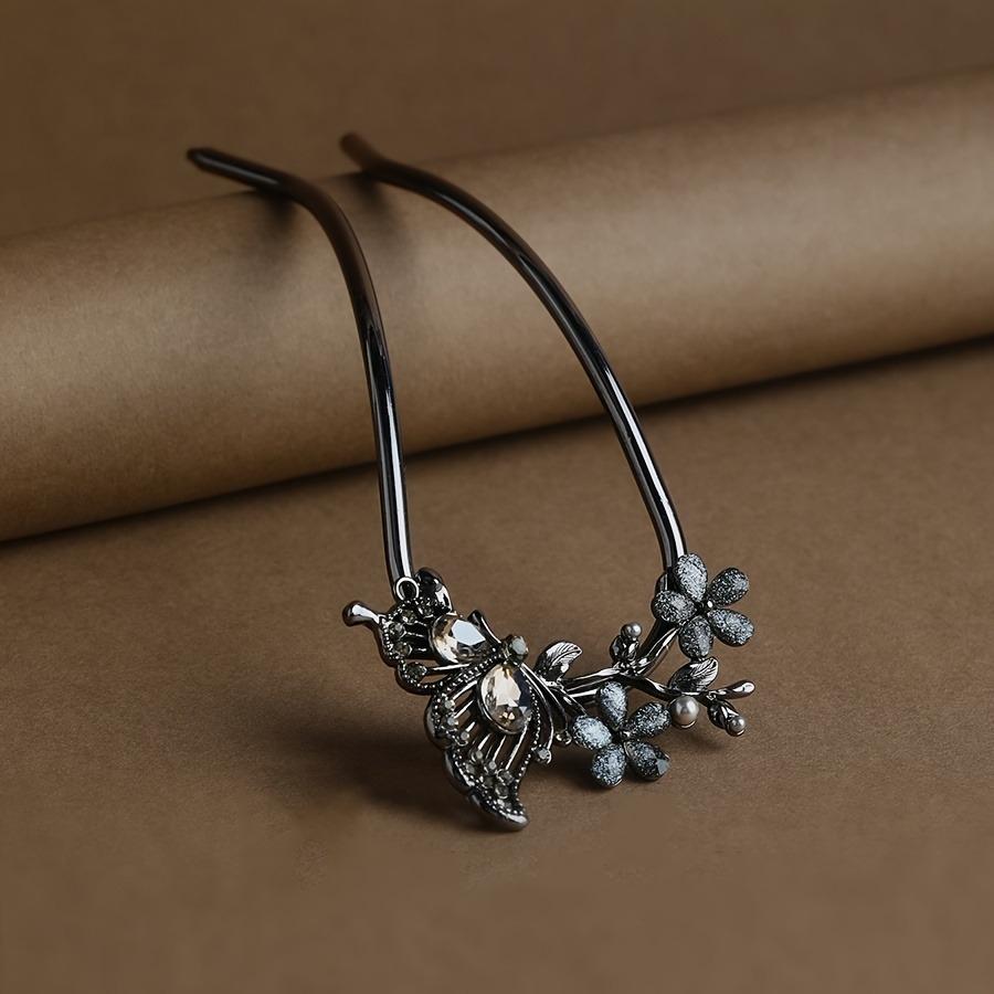 Butterfly fan U-shaped 2025 hair clip, women's rhinestone flower hair buckle, modern and simple hair tie at the back of the head