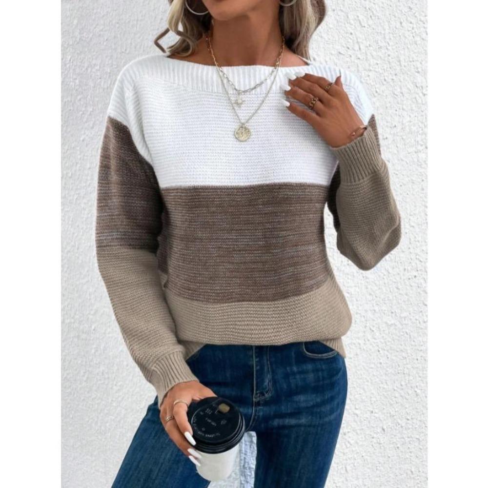 Elegant Three-color Patchwork Sweater Women Daily Commuter Casual Loose Jumpers Female Autumn Winter Knitted Thickened Warm Tops