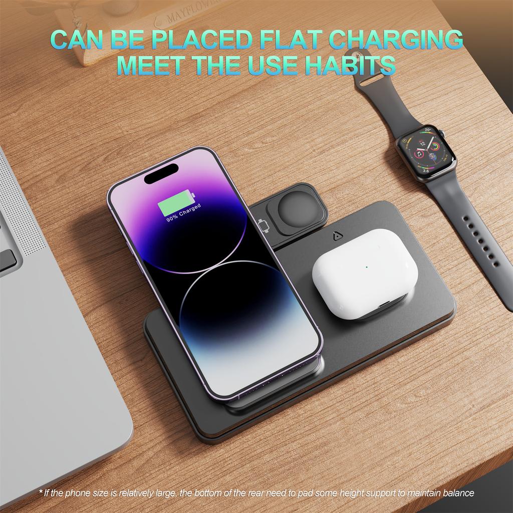 HT-514 3-in-1 Foldable Charging Dock 15W Wireless Charger for Phone/Watch/Earbuds
