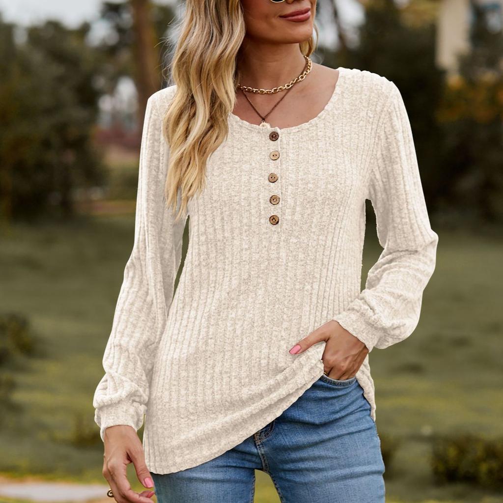 Женская осенняя трикотажная футболка-фонарик с длинным рукавом и круглым вырезом на пуговицах, однотонный ребристый трикотажный пуловер, повседневные топы