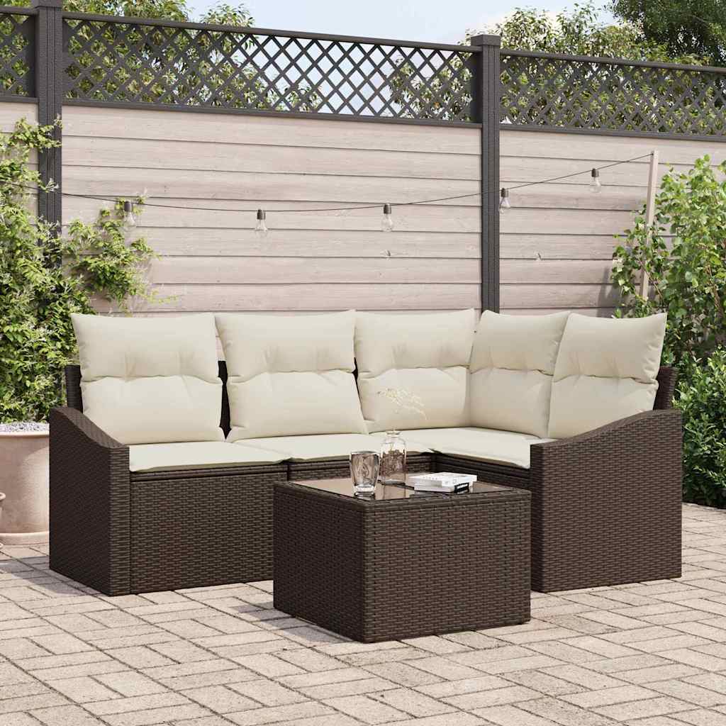 5 Piece Brown Poly Rattan Sofa Set with Cushions