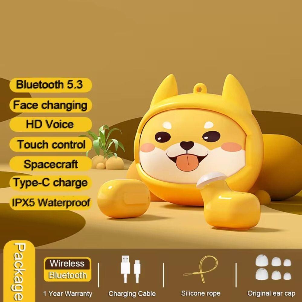 with Mic In Ear Bluetooth Earphones Shiba Inu Cartoon Earbuds New 360° Pattern Change Headphones