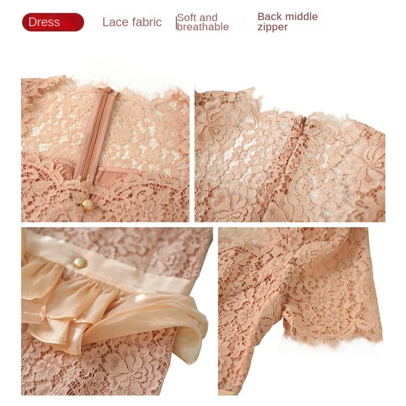 GMXIA Летнее женское милое розовое кружевное платье из темперы с квадратным воротником на талии и баской, драпированное на бедрах