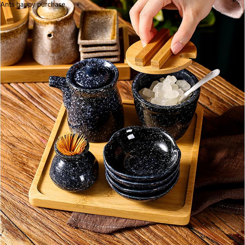 Керамическая банка для приправ, контейнер для специй, банка для специй, набор коробок для приправ, деревянные поддоны, солонка, масленка, баночки для зубочисток, блюдо для дегустации