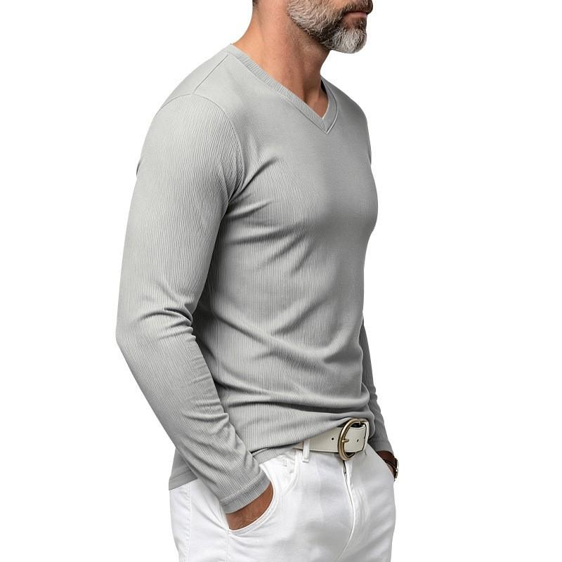 Men S V Neck Solid Long Sleeve Slim Fit Casual T Shirt