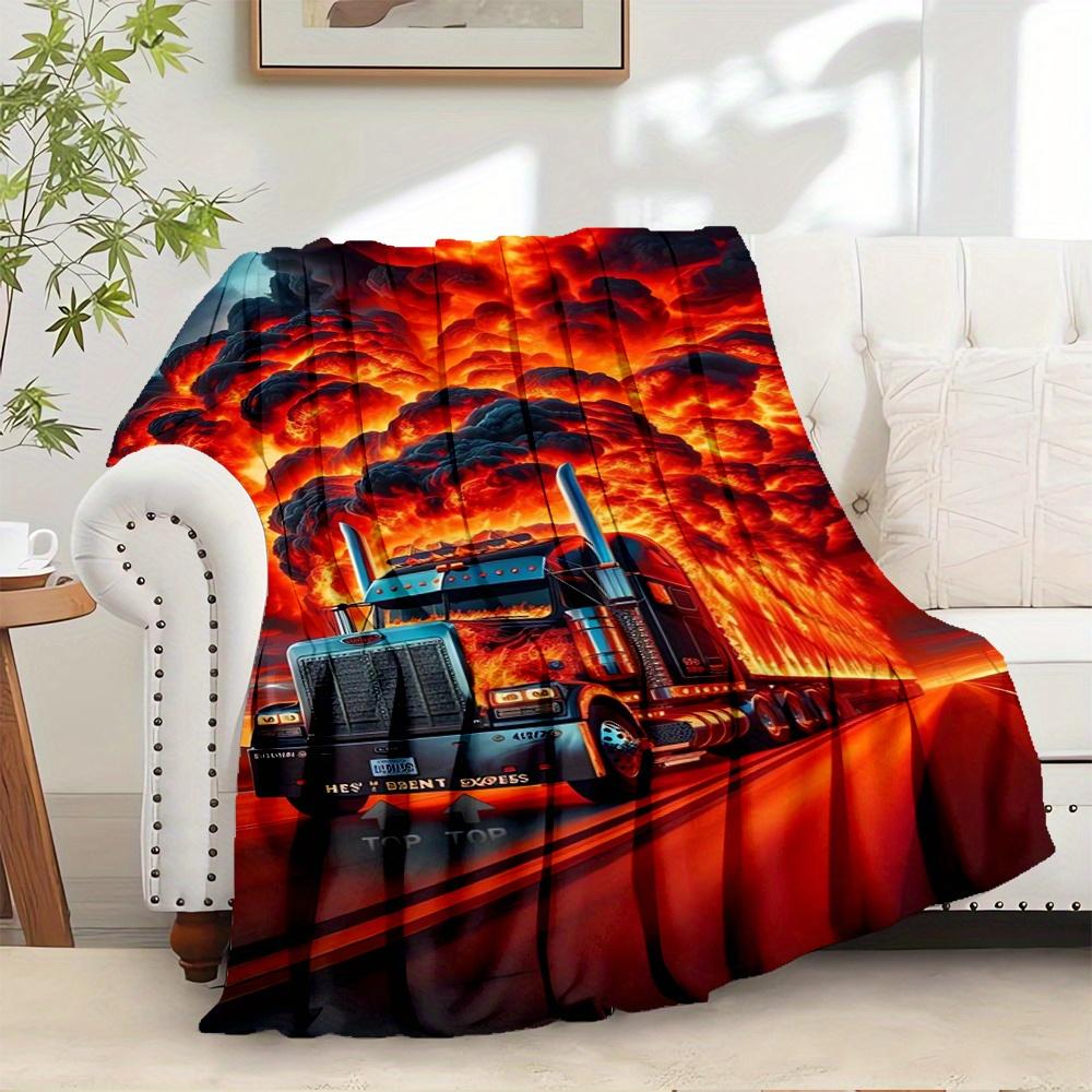 For Truck,Fire,Road-Themed Flannel Blanket, Glam Style, Digital Print, All-Season Comfort, Tear-Resistant, Knitted Craftsmanship, Polyester,