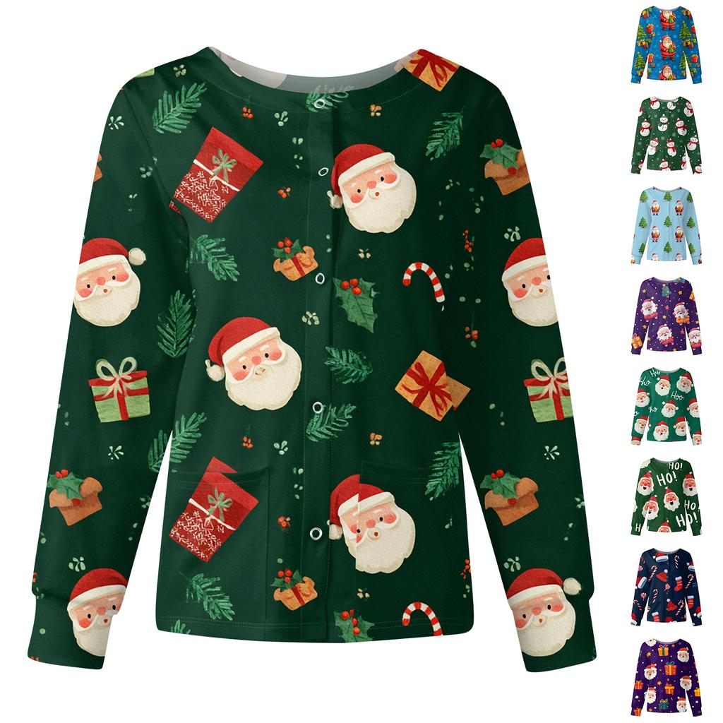 Women's Casual Fashion Long Sleeve Standing Collar Single Breasted Christmas Print Workwear Jacket Tops