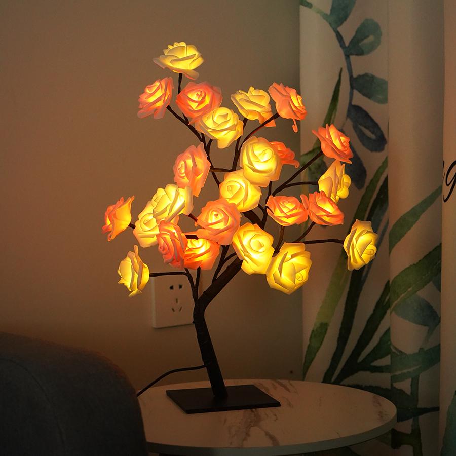 LED simulation rose tree light, detachable plastic base, USB switch, decorative night light