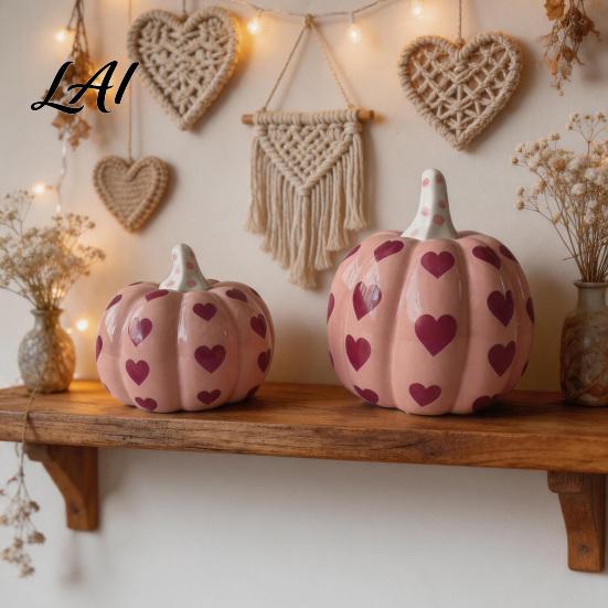 Seasonal Interior Decorations Pink Ceramic Pumpkin with Heart Pattern Artificial Figurine Decor Fall Tabletop Ornaments for Harvest Thanksgiving