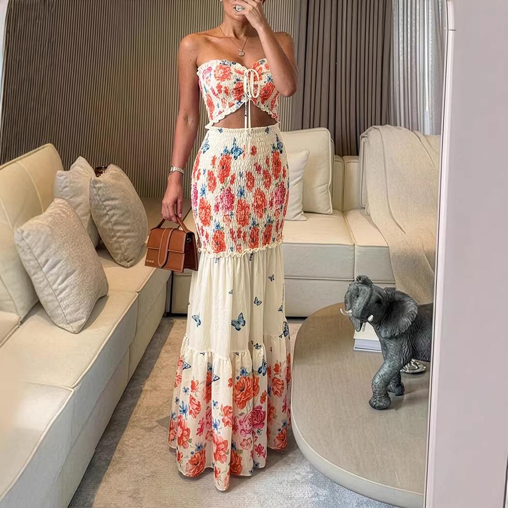 Комплект: strapless юбка макси с рюшами и принтом тропических растений