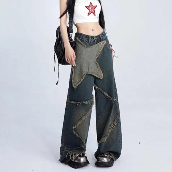 Ayollar Moviy Kargo Jinslar Keng Vintage 90-yillar Estetik Yuqori Bel Kovboy Shimlar Harajuku Denim Shimlar Y2k Trashy 2000-yillar Kiyimlari