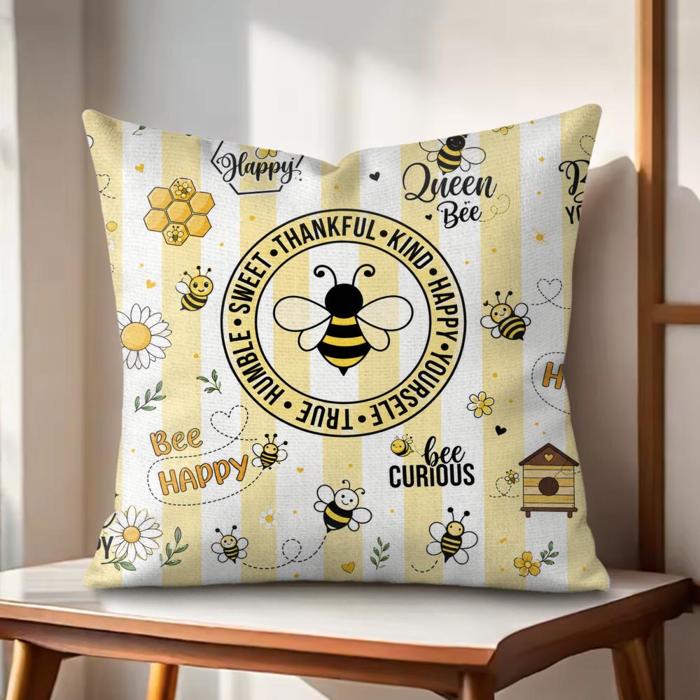 Bee Happy Seamless Cushion Cover Eco Linen Pillow Case DoubleSided Print Breathable Durable Hidden Zipper Home Decor Gift