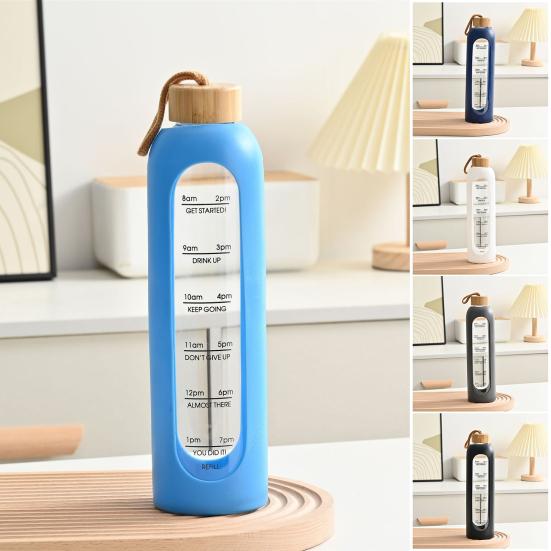 Стеклянная Бутылка для Воды 1 Литр Питьевая Бутылка с Отметками Времени Силиконовый Чехол Герметичная Крышка с Носиком Широкое Горлышко Стакан для Воды