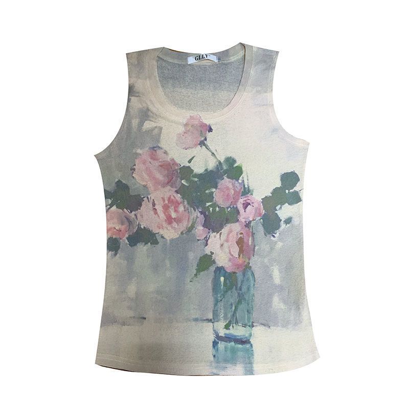 Women's Vest for Summer Wear, Knitted Thread Sleeveless T-shirt, Floral Thin Vest