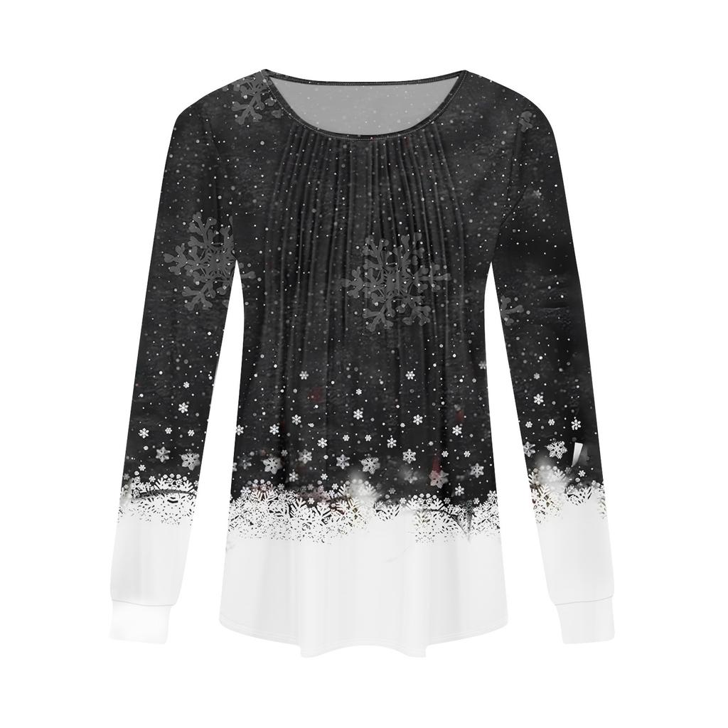 Рубашки с длинным рукавом для женщин, топы, нарядные повседневные блузки с рождественским принтом, плиссированные туники с круглым вырезом