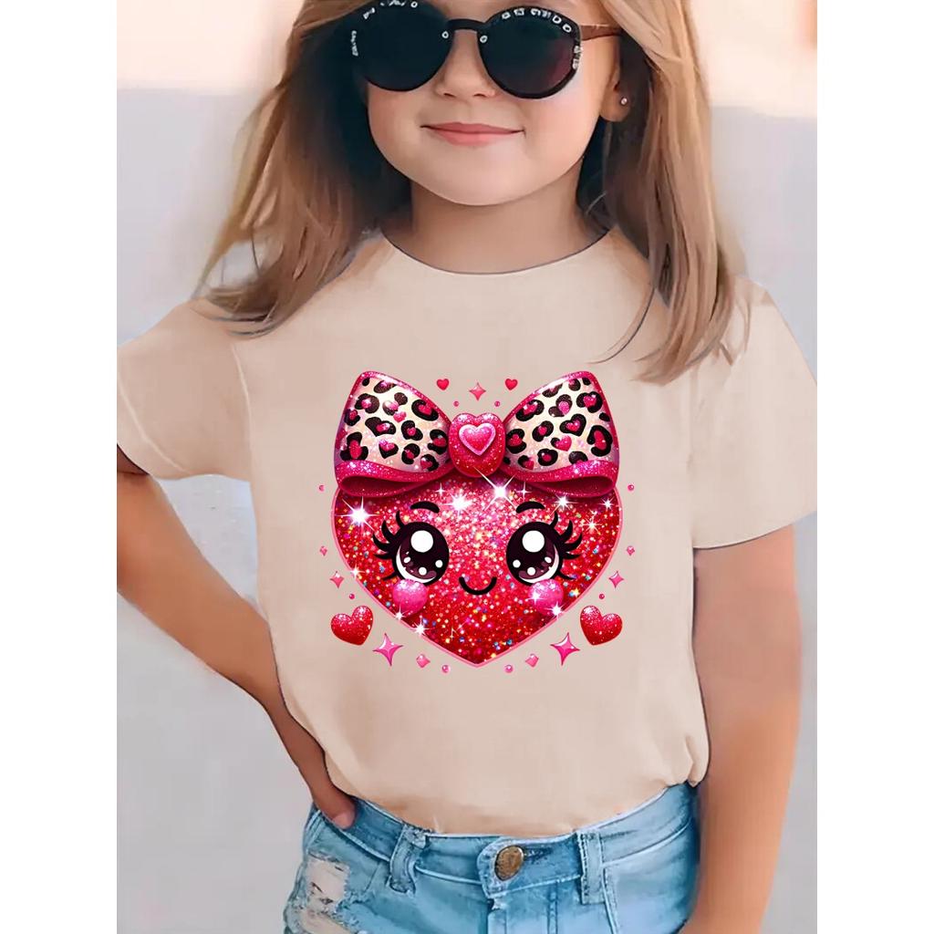 Ретро Кокетливый Бант Детская Футболка День Святого Валентина Малышка Девочка Подарок Бант-Сердечко Любовь Короткий Рукав Круглый Вырез Повседневная Футболка Одежда