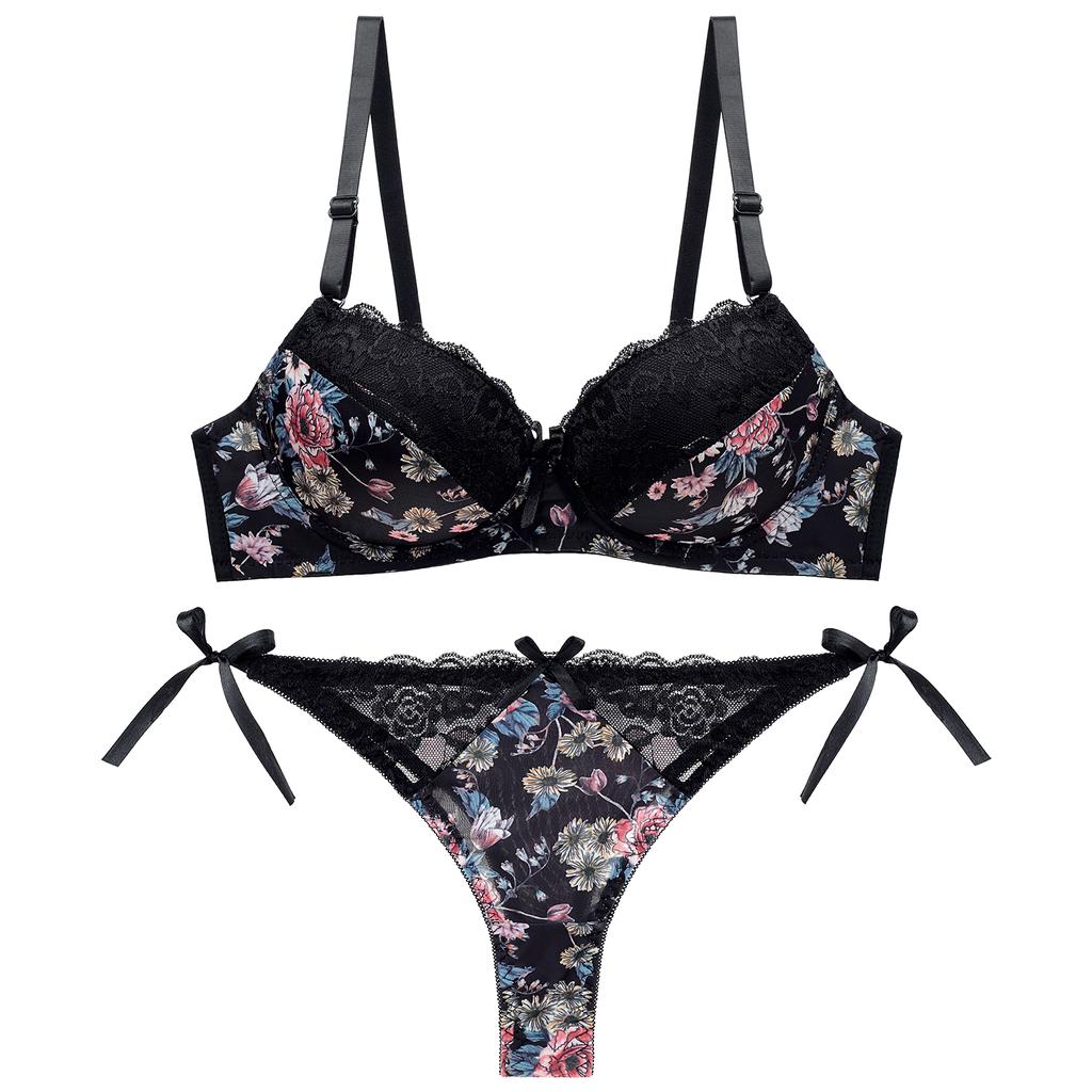 Women Bra & Brief Sets Sexy Lingerie Women Underwear Print Floral Embroidery Underwire Push-Up Padded Bra Staniki Damskie Thong Set