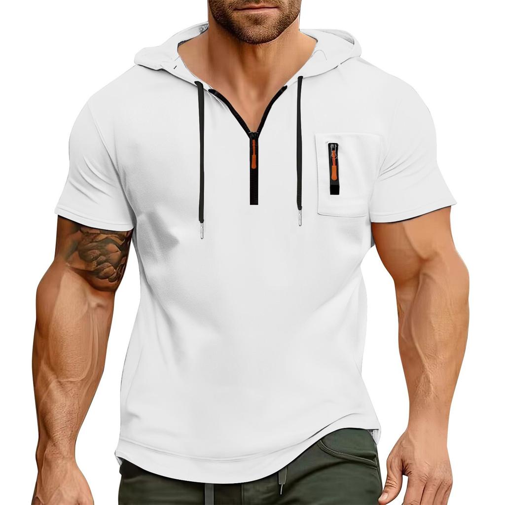 Men's Summer Shirt Zipper Pocket Short Sleeve Hooded Sweatshirt Men's Sports Large Size Casual Sweatshirt