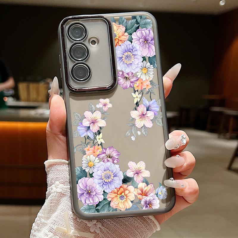 Мягкий силиконовый тонкий чехол с цветочным узором для Samsung S25 Ultra S24 FE S23 Plus A36 A56 A16 A55 A15, защитная пленка для объектива, противоударный прозрачный чехол для телефона