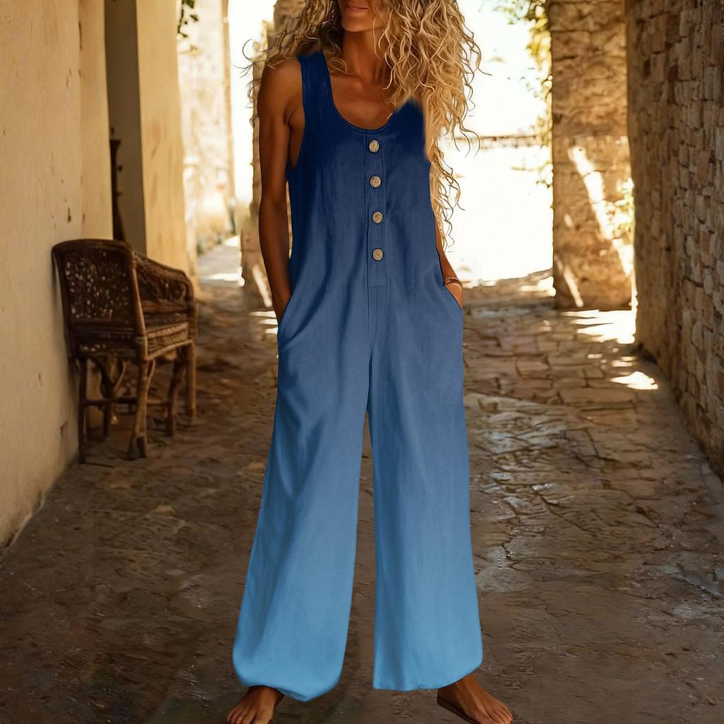 Повседневный свободный комбинезон без рукавов с карманами и регулируемыми бретелями для женщин (Большая длина).
