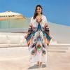 Bohemian Chic Printed Loose Kaftan 2024 Summer Long Dress Women Beachwear Bathing Suit Cover Up Vacation Casual Robe Q1638