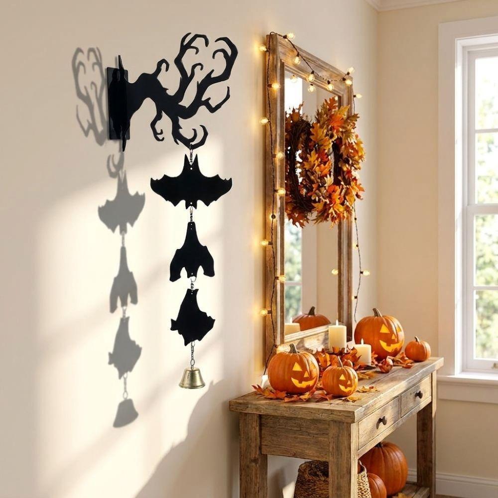 Spooky Halloween Wind Chime with Bell Hanging Bat Pendant Funny Hanging Door Bell Porch