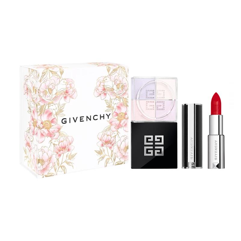 Givenchy Набор подарков для макияжа из 2 предметов, Prisme Libre #0 Рассыпчатая фиксирующая пудра + Помада Le Rouge Interdit №306, Ограниченная косметичка