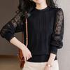 Весенний женский кружевной свитер с рукавами-фонариками, крючком и цветочным узором, тонкий трикотажный свитер с черным воротником-грибком, короткий топ