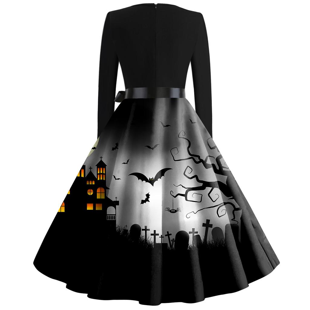 Women's Fashion Round Neck Casual Slim Fit Halloween Printed Long Sleeve Dress